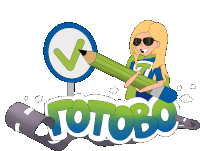 a cartoon drawing of a girl holding a large green pencil with a check mark in the background