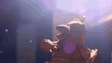 a close up of a stuffed animal with its mouth open and a purple background