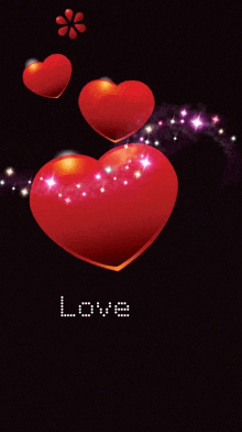 the word love is on a black background with three hearts