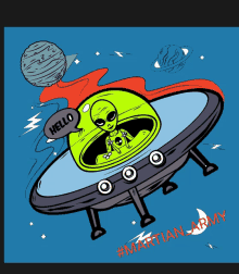 a cartoon drawing of an alien in a flying saucer with a speech bubble that says hello