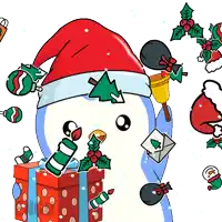 a cartoon of a penguin wearing a santa hat and surrounded by christmas decorations