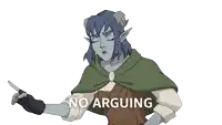 a cartoon character says " no arguing " while holding up her finger