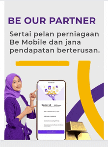 an advertisement for be mobile shows a woman pointing at a cell phone