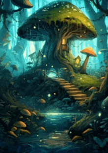 a painting of a mushroom house in a forest with stairs leading to it .