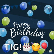 a birthday card that says happy birthday tig with balloons