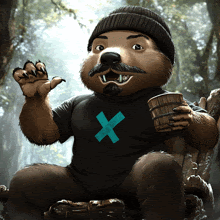 a cartoon bear wearing a black shirt with a blue x on it