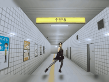 a woman in a black dress is standing in a hallway with a yellow sign that says exit 8