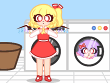 a girl in a red dress is standing next to a washer and dryer