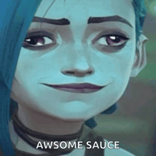 a close up of a cartoon character 's face with the words awsome sauce below it .