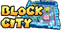 the logo for block city has a picture of a room with blocks on it .