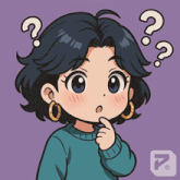 a cartoon girl with question marks around her head