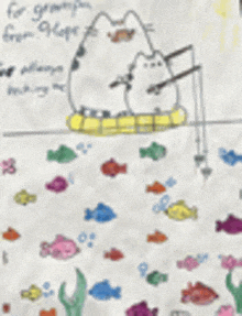 a child 's drawing of a cat fishing with a fishing rod .