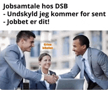 a group of people shaking hands in front of a laptop with the caption jobsamtale hos dsb