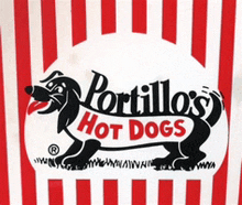 the logo for portillo 's hot dogs with a dachshund on it