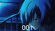 a blue haired anime character with the number 001 on the bottom right