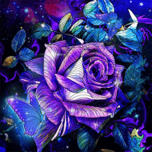 a purple rose with blue butterflies and leaves