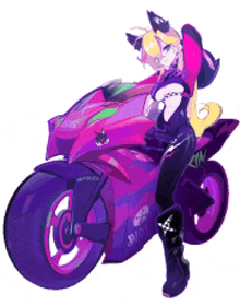 a girl is riding a pink and purple motorcycle with the word riot on the front