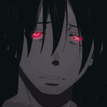 a black haired anime character with red eyes