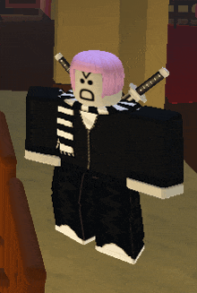 a roblox character with pink hair and two swords on his back