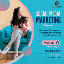 an advertisement for a social media marketing agency with a woman sitting on a chair holding a tablet