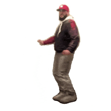 a man wearing a hat and a jacket is dancing on a white background