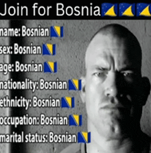 a picture of a man with the words join for bosnia on top