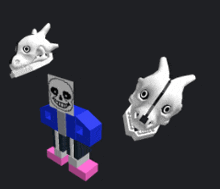 a 3d drawing of a skeleton with a skull and a skull with horns