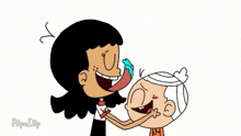 a cartoon girl is sticking her tongue out at a cartoon character 's face .