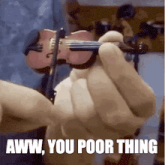 a person is holding a small violin in their hand and says aww you poor thing .