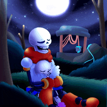 a drawing of two skeletons hugging each other with a full moon behind them