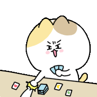 a cartoon cat is playing a game of cards and holding a stack of cards