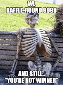 a skeleton is sitting on a wooden bench with a meme on it