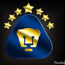 a blue and gold pumas logo with gold stars around it .