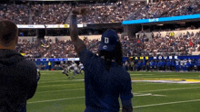 a man wearing a blue d hat stands on a football field