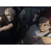 a group of anime characters are sitting in a car and one of them is smiling