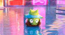 a green cartoon character is floating in a pool with the number 80 on the bottom