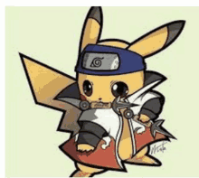 a cartoon of a pikachu wearing a naruto hat and holding a knife .