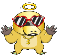 a cartoon duck wearing heart shaped sunglasses and a gold chain with a dollar sign around its neck