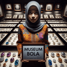 a woman in a hijab holds up a sign that says museum bola