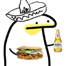 a drawing of a duck wearing a sombrero holding a hamburger and a bottle of beer .