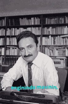 a man in a white shirt and tie sits in front of a bookshelf with the words " angininde mavinin " on the bottom left