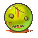 a green smiley face with stitches and blood on it .