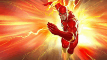 the flash is flying through the air with lightning behind him while wearing a red suit .