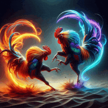 a painting of two roosters with flames coming out of their wings