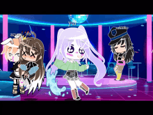 a group of anime girls are standing in front of a disco ball and one of them has the name yuki on her head