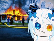 a drawing of a girl with horns standing in front of a house on fire