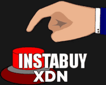 a hand is pressing a red button with instabuy xdn written on it