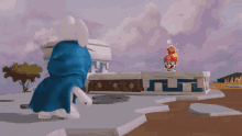 a video game scene with mario and a rabbit in a blue cape