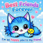 a blue cat laying next to a yellow bee with the words best friends forever i 'm so happy you 're my friend below it