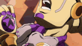 a close up of a cartoon character with a purple mouth